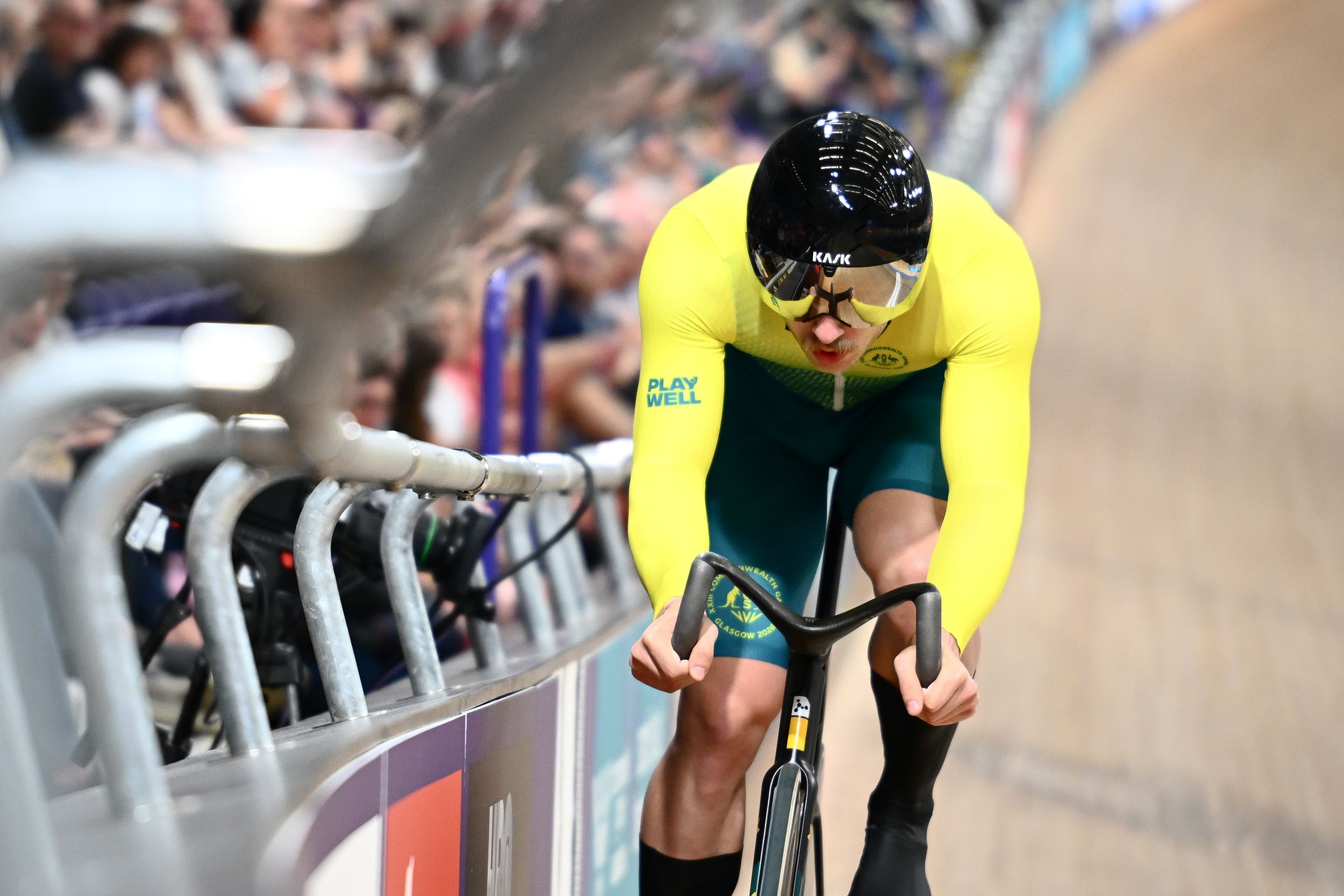 Australian track cyclist Leigh Hoffman winds up for the flying 200 metre qualifying at the 2026 Commonwealth Games in Glasgow